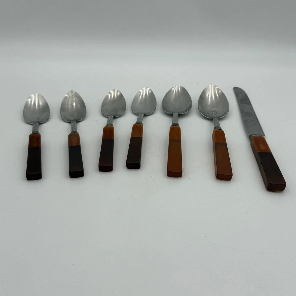 Vintage Bakelite Handle Flatware Set 7pc Stainless Steel Mixed Spons Knife MCM